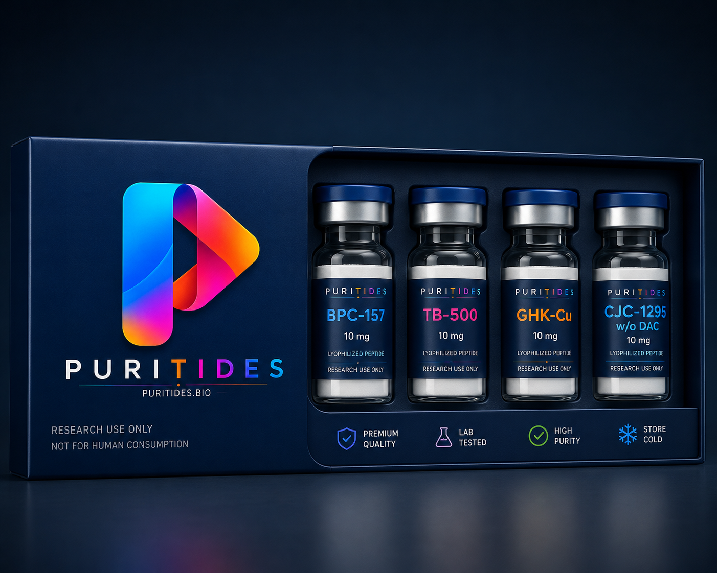 Puritides research peptide vials in premium packaging